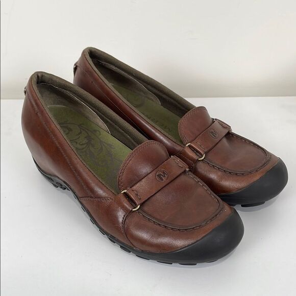Merrell Women's 8.5 Plaza Glide Brown Leather Loafers Rubber Tread Walking - Picture 1 of 8